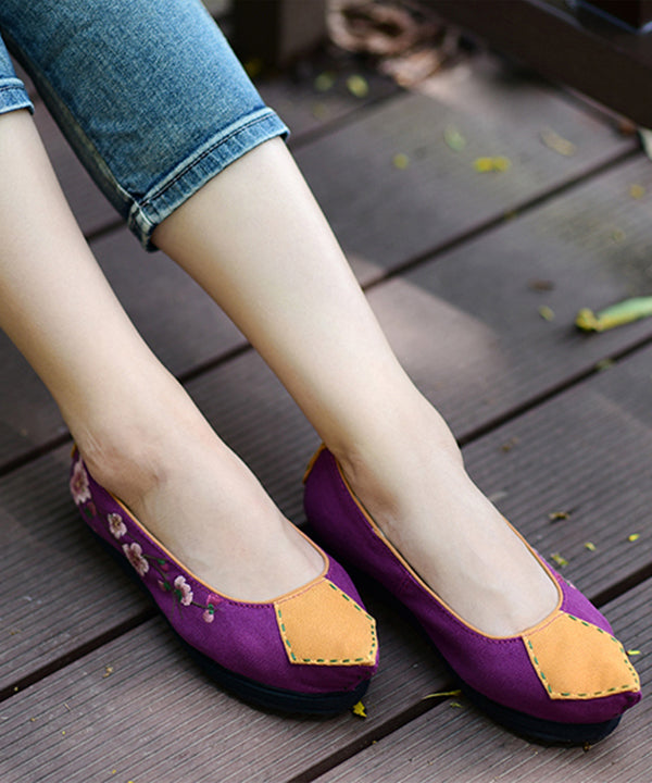 Pointed Toe Flat Shoes For Black Cotton Fabric Embroideried Splicing Flats