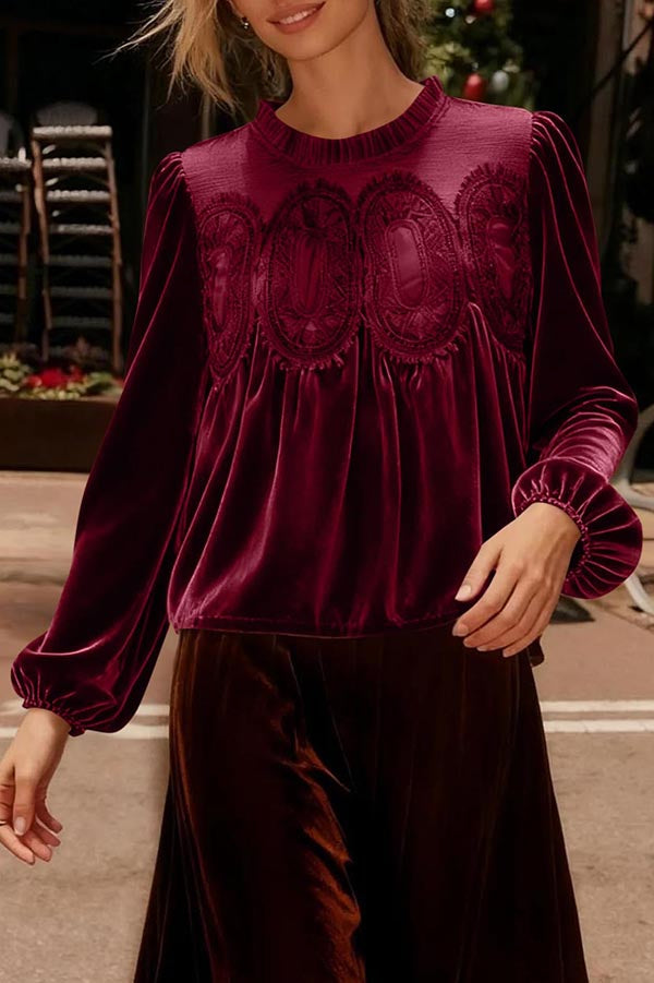 Velvet and Lace Patchwork Loose Long-sleeved Top