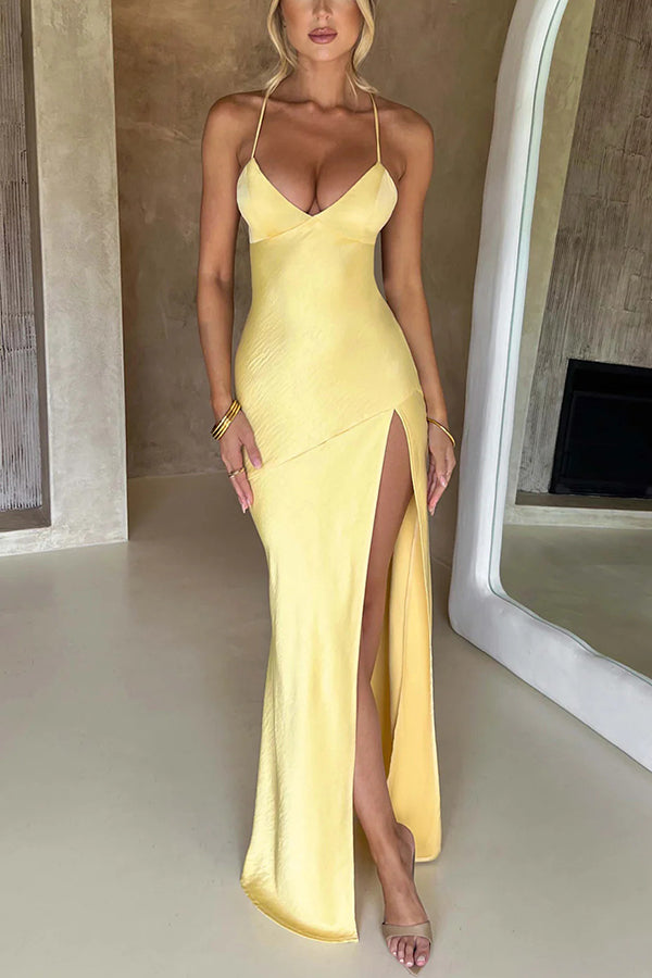 Satin Solid Color Backless Lace Up High Slit Maxi Dress