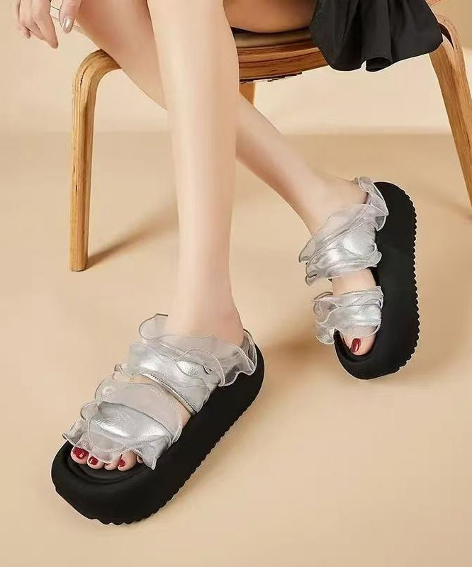 Black Platform Tulle Ruffled Chic Splicing Slide Sandals