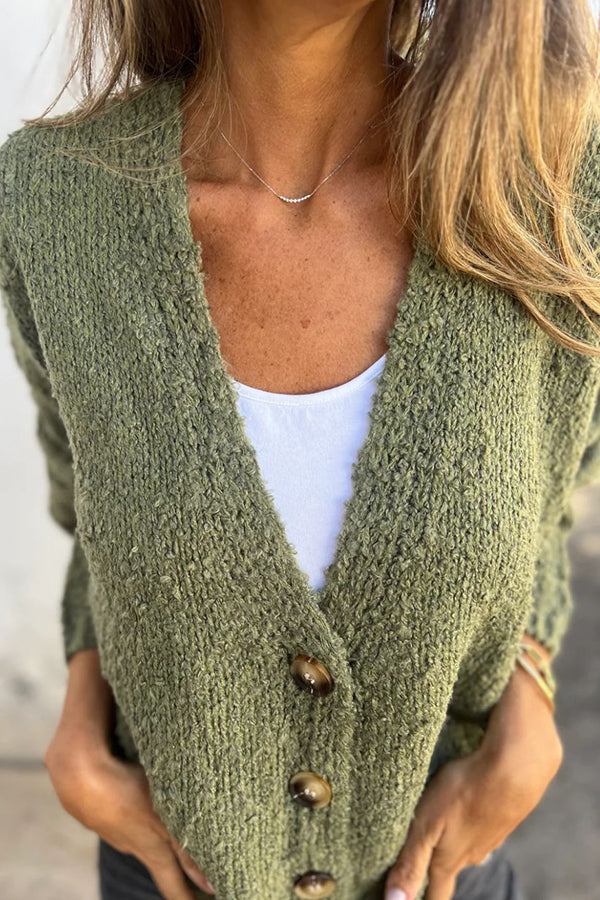 Solid Color V-neck Long-sleeved Knitted Cardigan
