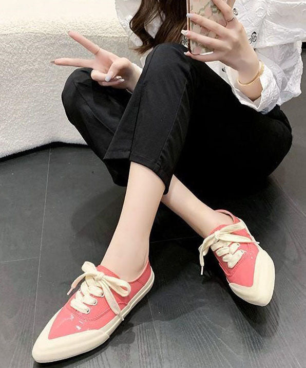 Pink Faux Leather Flat Shoes For Lace Up Splicing Pointed Toe