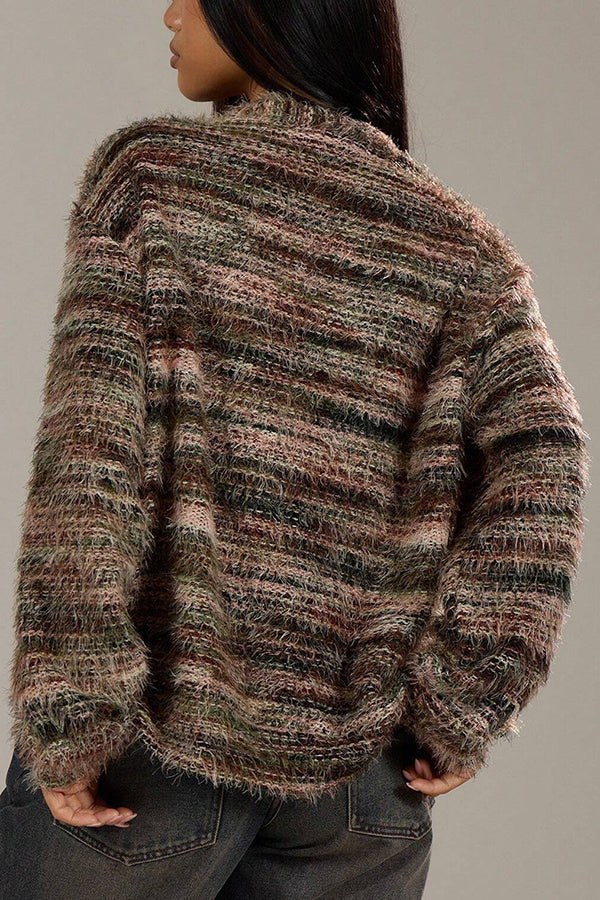 Mixed Color Loose V-neck Casual Knit Cardigan