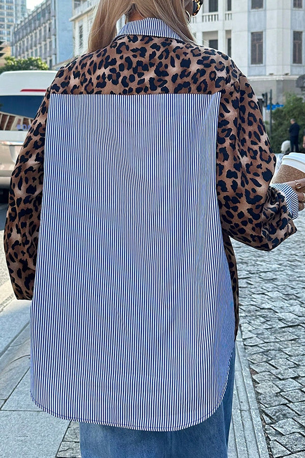 Striped Leopard Print Patchwork Loose Casual Long-sleeved Shirt