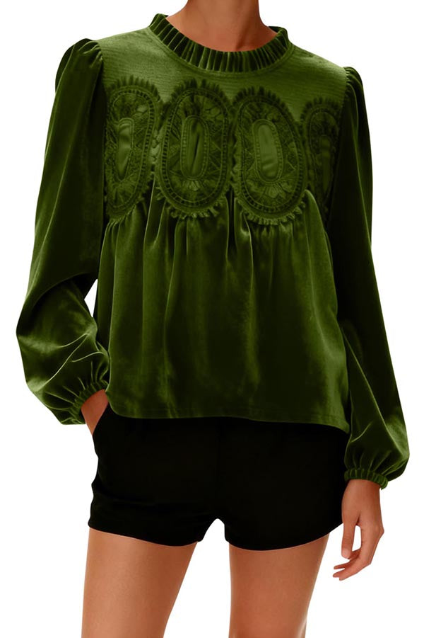 Velvet and Lace Patchwork Loose Long-sleeved Top