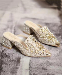 Black Zircon Chunky Heel Pointed Toe Slide Sandals