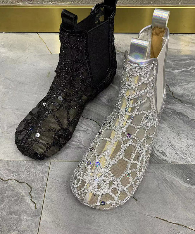 Black Boots Splicing Sequins Hollow Out Breathable Mesh