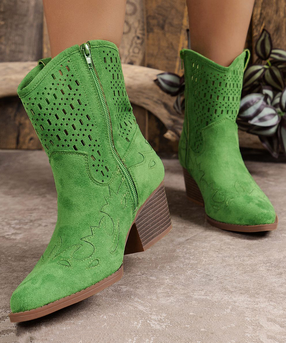 Vintage Green Hollow Out Zippered Suede Chunky Boots