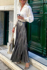 Metallic Pleated Back Elastic Waist Maxi Skirt