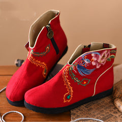 Black Embroideried Boots Cotton Fabric Zippered Ankle Boots