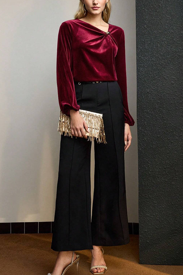 Velvet Pleated Long-sleeved Knotted Casual Top