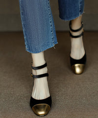 Women Champagne Velour Splicing Cowhide Leather Chunky Sandals