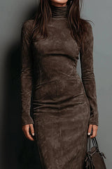 High-neck Long-sleeved Slim-fit Midi Dress