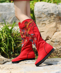 Vintage Red Wedge Boots Embroideried Comfy Cotton Fabric zippered Splicing Boots
