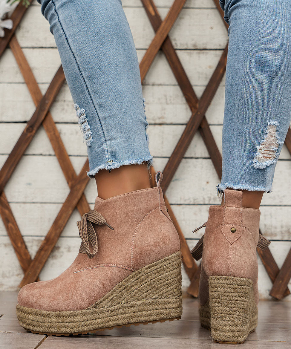 Comfortable Lace Up Wedge Straw Woven Boots Pink Suede