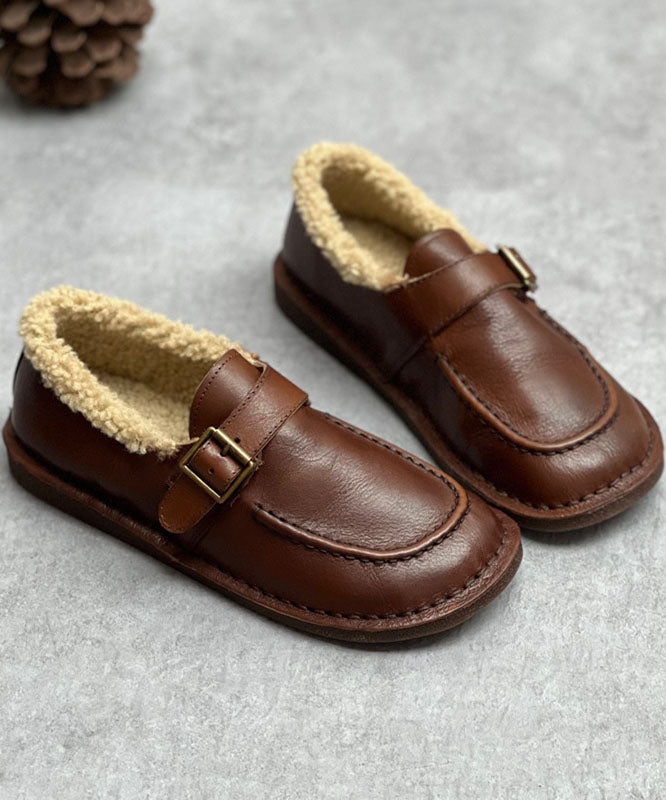 Coffee Flat Shoes For Cowhide Leather Casual Fuzzy Wool Lined Flat Shoes For Women