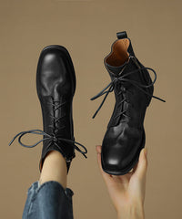 Brown Boots Chunky Cowhide Leather Splicing Cross Strap