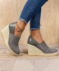 Grey Zippered Crocodile Faux Leather Splicing High Wedge Heels Shoes