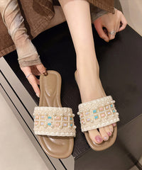 Black Faux Leather Splicing Slide Sandals Peep Toe Nail Bead