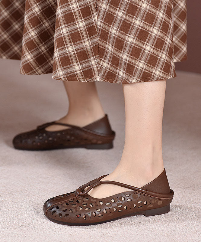 Beige Flat Feet Shoes Cowhide Leather Hollow Out Flat Feet Shoes
