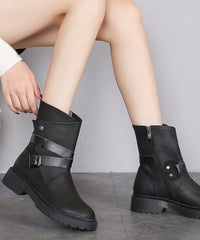 Buckle Strap Zippered Splicing Platform Boots Black Cowhide Leather