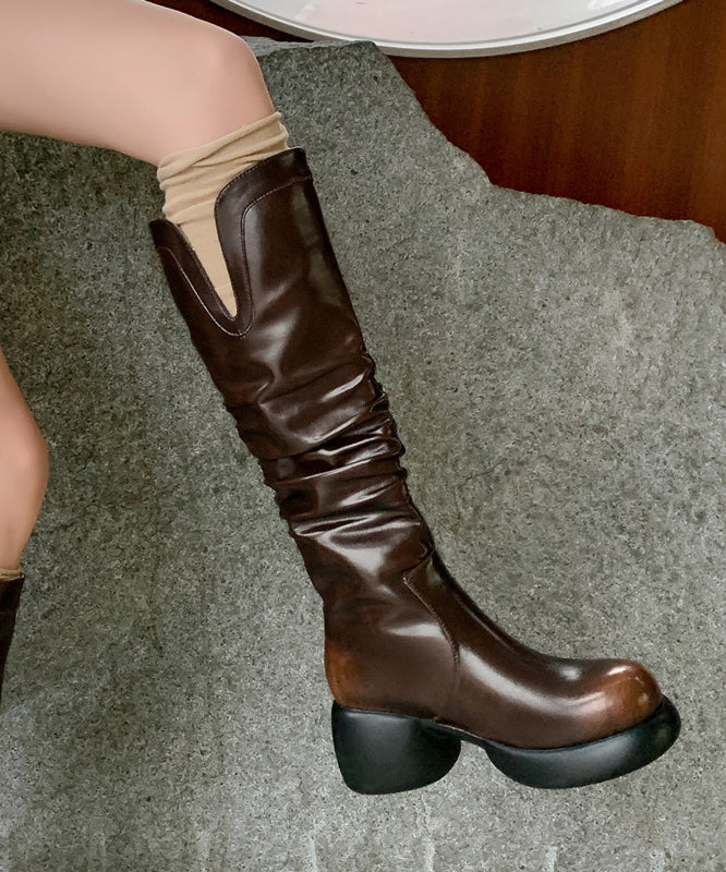 Chunky High Boots Brown Cowhide Leather Wrinkled