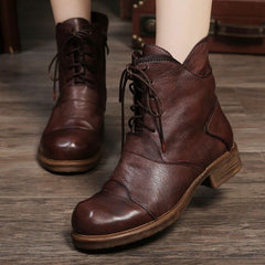Cozy Lace Up Leather Chunky Heels Martin Boots