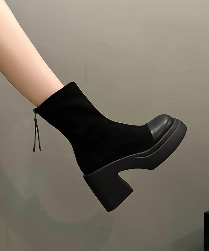 French Black Zip Up Splicing Chunky Boots