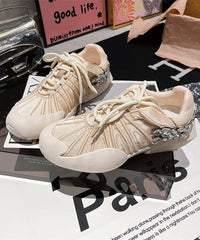 Pink Canvas Lace Up Zircon Splicing Flat Shoes For Women
