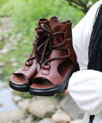 Retro Brown Peep Toe Lace Up Splicing Platform Boots