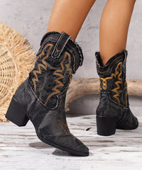 Vintage Black Embossed Boots Splicing Cowboy Chunky Boots