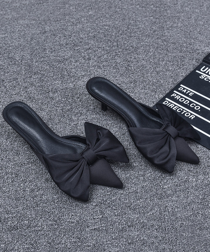 Black High Heel Bow Splicing Slide Sandals Pointed Toe