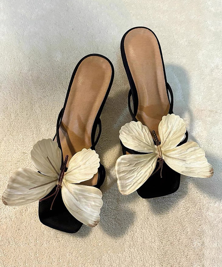 New Bow Flower Square Toe High Heels Slide Sandals