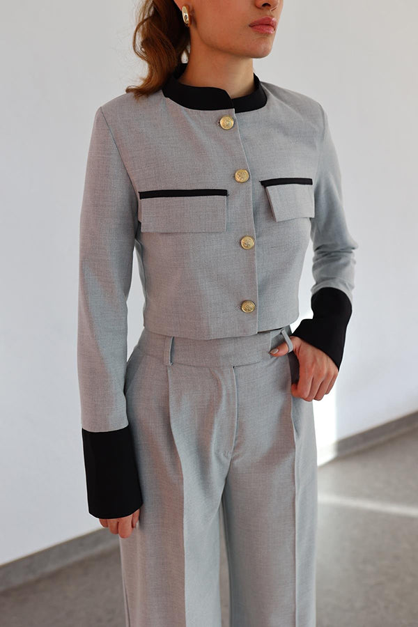 Contrasting Cropped Long Sleeve Top and Pocket Straight Leg Pants Set