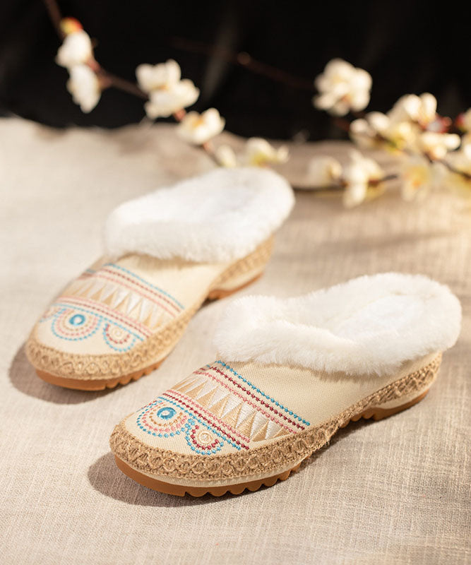Comfy Splicing Beige Fuzzy Wool Lined Slippers Shoes