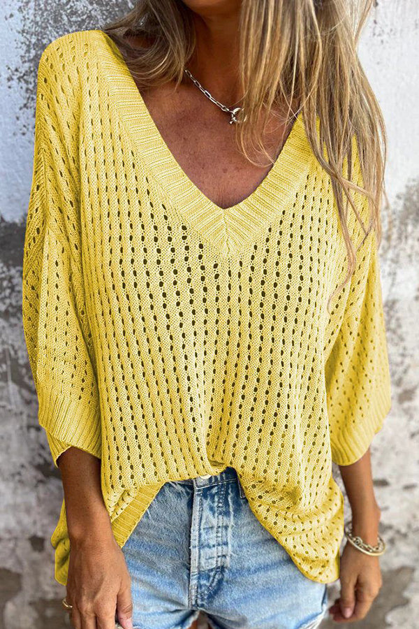 Hollow V-neck Long-sleeved Casual Loose Knitted Top