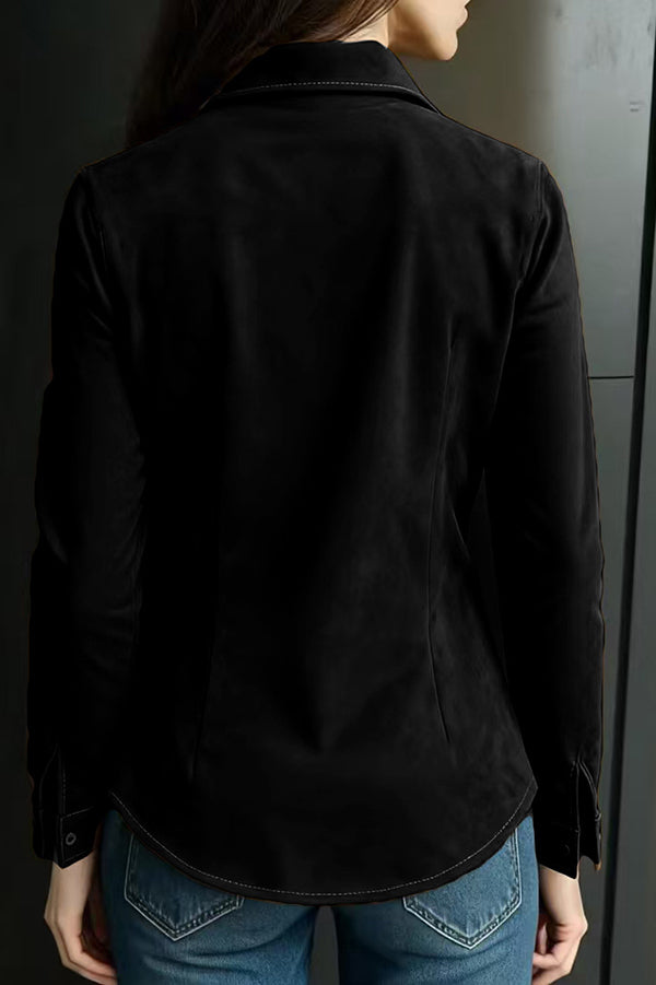 Suede Long-sleeved Button-down Casual Shirt