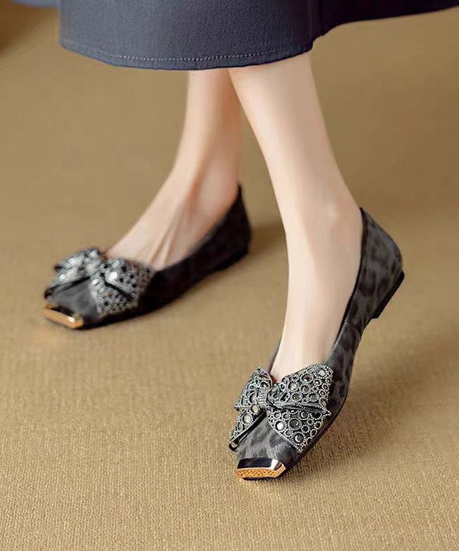 French Grey Suede Bow Zircon Splicing Flat Shoes For Women