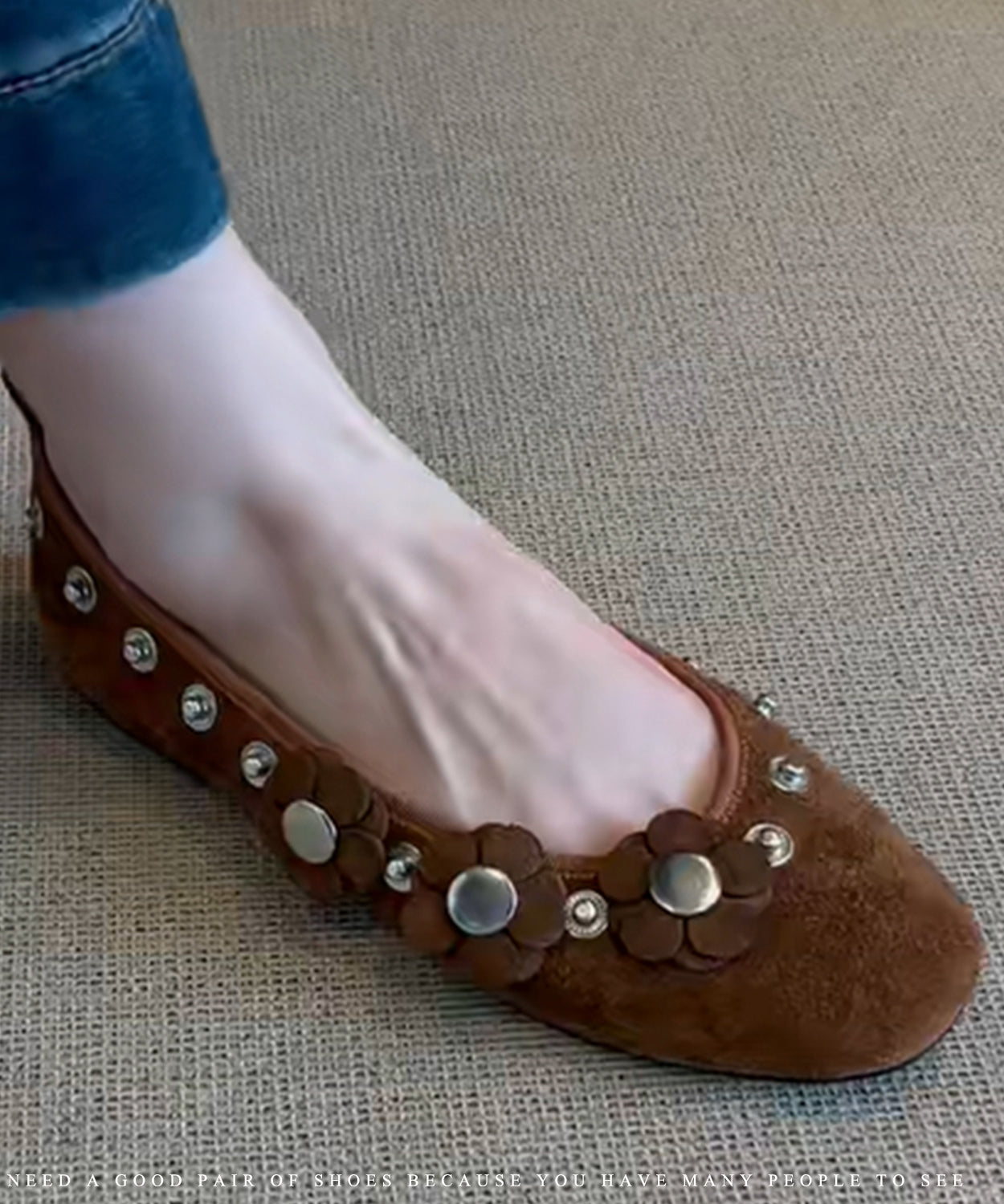 Brown Suede Floral Rivet Splicing Flat Shoes For Women