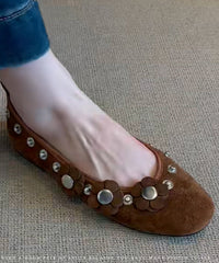 Brown Suede Floral Rivet Splicing Flat Shoes For Women