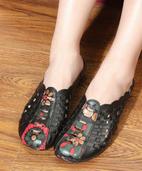 Black Hollow Out Splicing low heel Cowhide Leather Slide Sandals