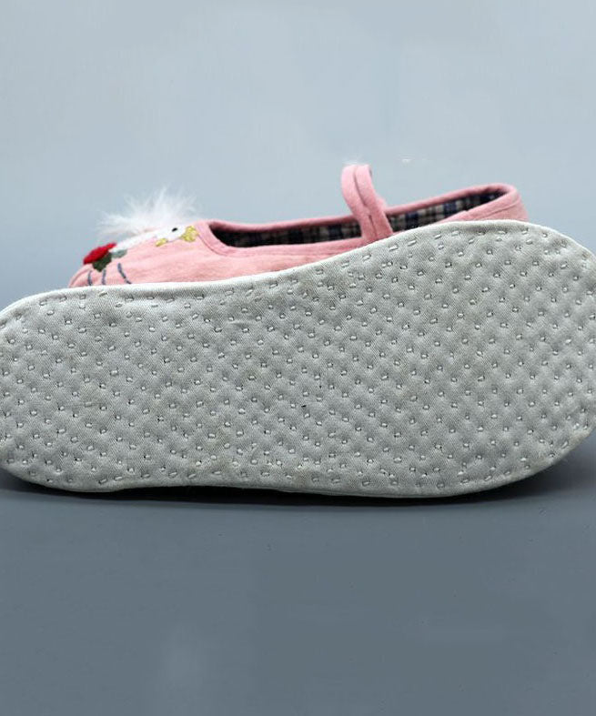 Pink Linen Fabric Flat Shoes For Embroidery Splicing Buckle Strap