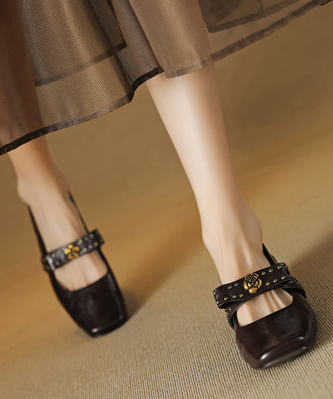 Bow Rivet Splicing Chunky Loafer Shoes Black Sheepskin