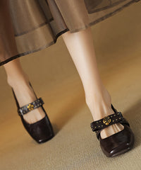 Bow Rivet Splicing Chunky Loafer Shoes Black Sheepskin