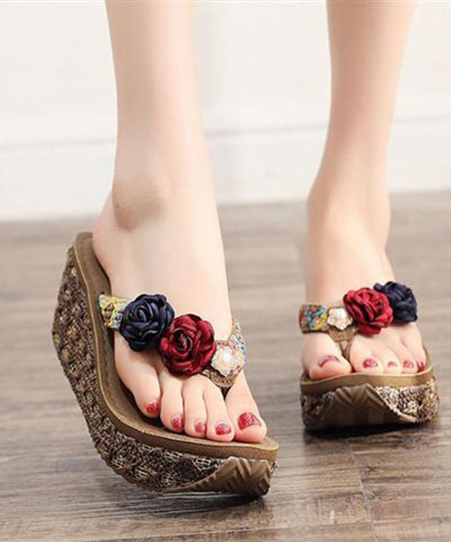 Brown Splicing Floral Holiday Thong Sandals Platform
