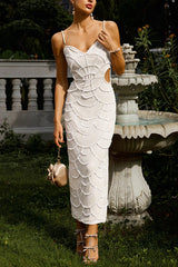 Own It Pearl Sequin Embellished Backless Cutout Strap Maxi Dress