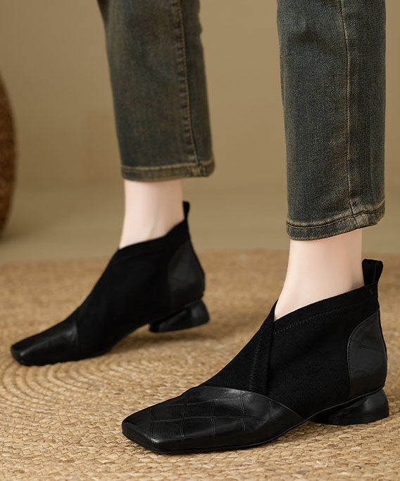 Boutique Embossed Splicing Ankle Boots Black Cowhide Leather