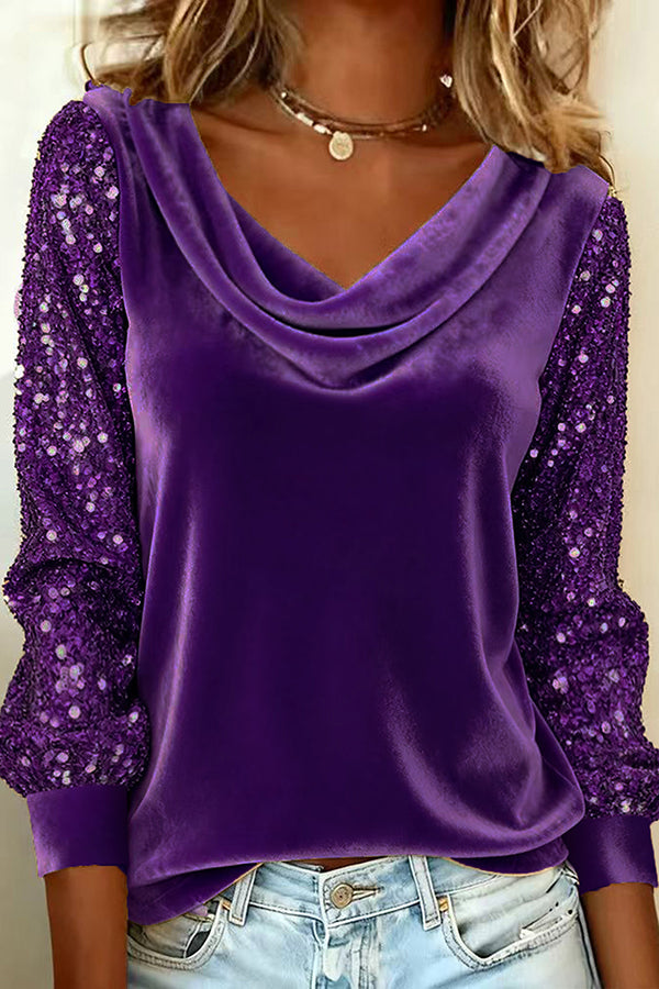 Velvet Sequin Patchwork Long-sleeved Casual Top
