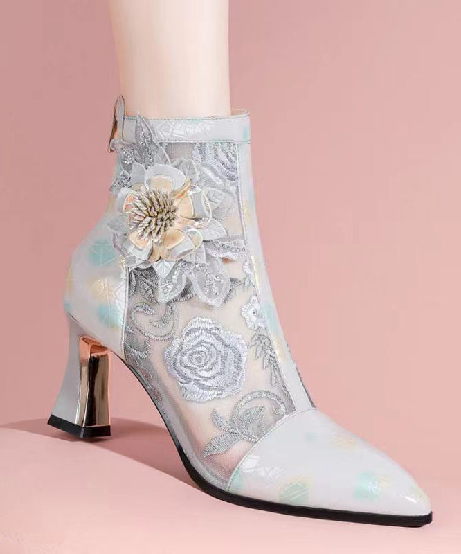 Embroidered Mesh Patchwork Chunky Heel Boots