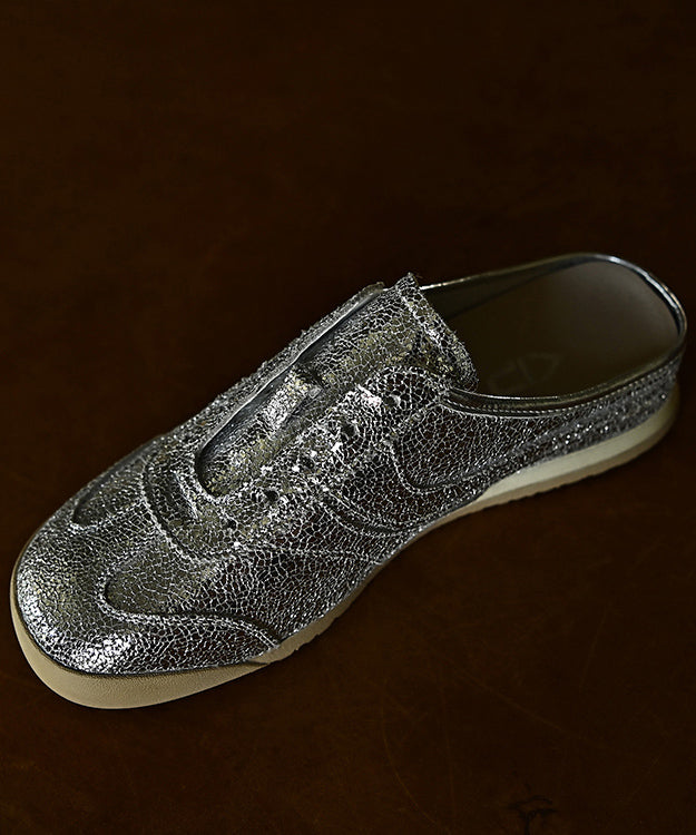 Chic Splicing Wedge Silver Cowhide Leather Slide Sandals